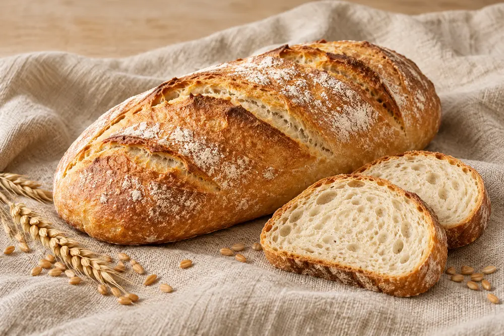 Goldbraunes Langenloiser Weizenbrot auf Leinen